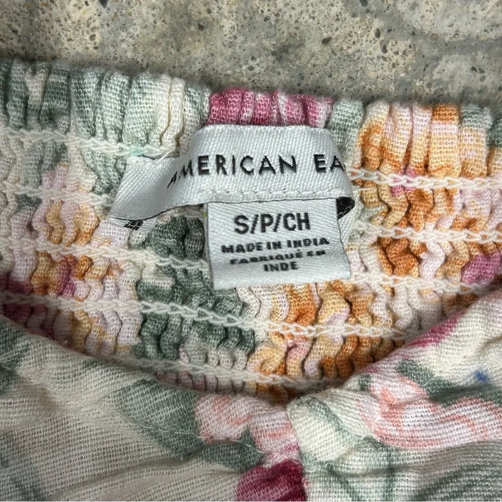 American Eagle Women’s Small CottonLinen Ruched Smocked Puff Sleeve Floral Dress
